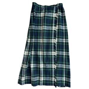 Vintage Pendleton Blue Green Tartan Plaid 100% Wool Wrap Fringe Long Skirt 16